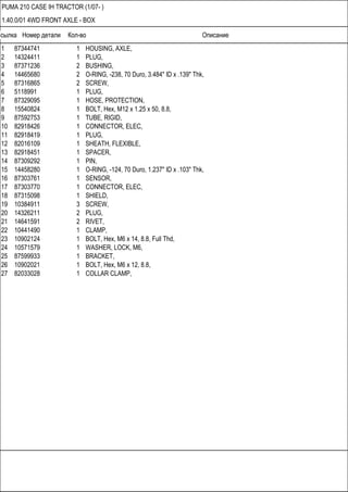 Ссылка Номер детали Кол-во Описание
PUMA 210 CASE IH TRACTOR (1/07- )
1.40.0/01 4WD FRONT AXLE - BOX
1 87344741 1 HOUSING, AXLE,
2 14324411 1 PLUG,
3 87371236 2 BUSHING,
4 14465680 2 O-RING, -238, 70 Duro, 3.484" ID x .139" Thk,
5 87316865 2 SCREW,
6 5118991 1 PLUG,
7 87329095 1 HOSE, PROTECTION,
8 15540824 1 BOLT, Hex, M12 x 1.25 x 50, 8.8,
9 87592753 1 TUBE, RIGID,
10 82918426 1 CONNECTOR, ELEC,
11 82918419 1 PLUG,
12 82016109 1 SHEATH, FLEXIBLE,
13 82918451 1 SPACER,
14 87309292 1 PIN,
15 14458280 1 O-RING, -124, 70 Duro, 1.237" ID x .103" Thk,
16 87303761 1 SENSOR,
17 87303770 1 CONNECTOR, ELEC,
18 87315098 1 SHIELD,
19 10384911 3 SCREW,
20 14326211 2 PLUG,
21 14641591 2 RIVET,
22 10441490 1 CLAMP,
23 10902124 1 BOLT, Hex, M6 x 14, 8.8, Full Thd,
24 10571579 1 WASHER, LOCK, M6,
25 87599933 1 BRACKET,
26 10902021 1 BOLT, Hex, M6 x 12, 8.8,
27 82033028 1 COLLAR CLAMP,
 