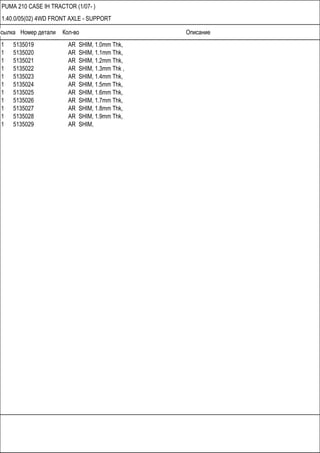 Ссылка Номер детали Кол-во Описание
PUMA 210 CASE IH TRACTOR (1/07- )
1.40.0/05(02) 4WD FRONT AXLE - SUPPORT
1 5135019 AR SHIM, 1.0mm Thk,
1 5135020 AR SHIM, 1.1mm Thk,
1 5135021 AR SHIM, 1.2mm Thk,
1 5135022 AR SHIM, 1.3mm Thk ,
1 5135023 AR SHIM, 1.4mm Thk,
1 5135024 AR SHIM, 1.5mm Thk,
1 5135025 AR SHIM, 1.6mm Thk,
1 5135026 AR SHIM, 1.7mm Thk,
1 5135027 AR SHIM, 1.8mm Thk,
1 5135028 AR SHIM, 1.9mm Thk,
1 5135029 AR SHIM,
 