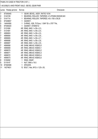Ссылка Номер детали Кол-во Описание
PUMA 210 CASE IH TRACTOR (1/07- )
1.40.0/06(01) 4WD FRONT AXLE - BEVEL GEAR PAIR
1 87345445 1 GEAR, BEVEL, ASSY, RATIO 10/34
2 5143109 1 BEARING, ROLLER, TAPERED, 41,275X82,550X26,543
3 5141714 1 BEARING, ROLLER, TAPERED, 45 x 100 x 38.25
4 87349657 1 GASKET,
5 14454580 1 O-RING, -028, 70 Duro, 1.364" ID x .070" Thk,
6 87546420 1 GASKET, 57X85X12
7 5121690 AR RING, M45.1 x 58 x 2.3,
7 5121691 AR RING, M45.1 x 58 x 2.4,
7 4999063 AR RING, M45.1 x 58 x 2.5,
7 4999064 AR RING, M45.1 x 58 x 2.6 ,
7 4999065 AR RING, M45.1 x 58 x 2.7 ,
7 4999066 AR RING, M45.1 x 58 x 2.8,
7 4999067 AR RING, M45.1 x 58 x 2.9 ,
7 4999068 AR SHIM, MM.45,1X58X3,0
7 4999069 AR RING, MM.45,1X58X3,1
7 4999070 AR RING, MM.45,1X58X3,2
7 4999071 AR RING, MM.45,1X58X3,3
7 4999072 AR RING, MM.45,1X58X3,4
7 4999073 AR RING, MM.45,1X58X3,5
8 5109282 1 RING, SNAP,
9 5119147 1 NUT, M40 x 19.5
10 87382586 1 SPACER,
11 14274631 12 BOLT, Hex, M12 x 1.25 x 35,
 
