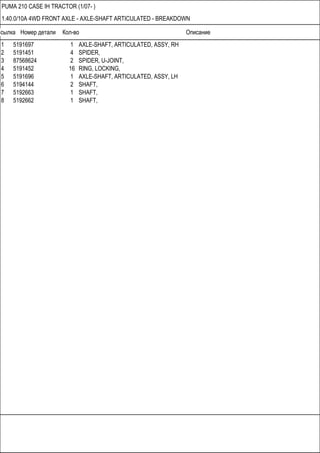 Ссылка Номер детали Кол-во Описание
PUMA 210 CASE IH TRACTOR (1/07- )
1.40.0/10A 4WD FRONT AXLE - AXLE-SHAFT ARTICULATED - BREAKDOWN
1 5191697 1 AXLE-SHAFT, ARTICULATED, ASSY, RH
2 5191451 4 SPIDER,
3 87568624 2 SPIDER, U-JOINT,
4 5191452 16 RING, LOCKING,
5 5191696 1 AXLE-SHAFT, ARTICULATED, ASSY, LH
6 5194144 2 SHAFT,
7 5192663 1 SHAFT,
8 5192662 1 SHAFT,
 