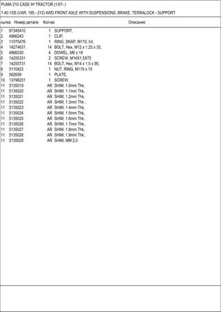 Ссылка Номер детали Кол-во Описание
PUMA 210 CASE IH TRACTOR (1/07- )
1.40.1/05 (VAR. 195 - 212) 4WD FRONT AXLE WITH SUSPENSIONS, BRAKE, TERRALOCK - SUPPORT
1 87345410 1 SUPPORT,
2 4966243 1 CLIP,
3 11075476 1 RING, SNAP, M110, Int,
4 14274631 14 BOLT, Hex, M12 x 1.25 x 35,
5 4966530 4 DOWEL, M6 x 18
6 14255331 2 SCREW, M14X1,5X75
7 14255731 14 BOLT, Hex, M14 x 1.5 x 90,
8 5110423 1 NUT, RING, M115 x 15
9 562659 1 PLATE,
10 13798231 1 SCREW,
11 5135019 AR SHIM, 1.0mm Thk,
11 5135020 AR SHIM, 1.1mm Thk,
11 5135021 AR SHIM, 1.2mm Thk,
11 5135022 AR SHIM, 1.3mm Thk ,
11 5135023 AR SHIM, 1.4mm Thk,
11 5135024 AR SHIM, 1.5mm Thk,
11 5135025 AR SHIM, 1.6mm Thk,
11 5135026 AR SHIM, 1.7mm Thk,
11 5135027 AR SHIM, 1.8mm Thk,
11 5135028 AR SHIM, 1.9mm Thk,
11 5135029 AR SHIM, MM 2,0
 