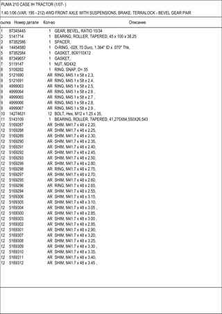 Ссылка Номер детали Кол-во Описание
PUMA 210 CASE IH TRACTOR (1/07- )
1.40.1/06 (VAR. 195 - 212) 4WD FRONT AXLE WITH SUSPENSIONS, BRAKE, TERRALOCK - BEVEL GEAR PAIR
1 87345445 1 GEAR, BEVEL, RATIO 10/34
2 5141714 1 BEARING, ROLLER, TAPERED, 45 x 100 x 38.25
3 87382586 1 SPACER,
4 14454580 1 O-RING, -028, 70 Duro, 1.364" ID x .070" Thk,
5 87382584 1 GASKET, 80X110X12
6 87349657 1 GASKET,
7 5119147 1 NUT, M24X2
8 5109282 1 RING, SNAP, D= 35
9 5121690 AR RING, M45.1 x 58 x 2.3,
9 5121691 AR RING, M45.1 x 58 x 2.4,
9 4999063 AR RING, M45.1 x 58 x 2.5,
9 4999064 AR RING, M45.1 x 58 x 2.6 ,
9 4999065 AR RING, M45.1 x 58 x 2.7 ,
9 4999066 AR RING, M45.1 x 58 x 2.8,
9 4999067 AR RING, M45.1 x 58 x 2.9 ,
10 14274631 12 BOLT, Hex, M12 x 1.25 x 35,
11 5143109 1 BEARING, ROLLER, TAPERED, 41,275X84,550X26,543
12 5169287 AR SHIM, M41.7 x 48 x 2.20,
12 5169288 AR SHIM, M41.7 x 48 x 2.25,
12 5169289 AR SHIM, M41.7 x 48 x 2.30,
12 5169290 AR SHIM, M41.7 x 48 x 2.35,
12 5169291 AR SHIM, M41.7 x 48 x 2.40,
12 5169292 AR SHIM, M41.7 x 48 x 2.45,
12 5169293 AR SHIM, M41.7 x 48 x 2.50,
12 5169299 AR SHIM, M41.7 x 48 x 2.80,
12 5169298 AR RING, M41.7 x 48 x 2.75,
12 5169297 AR SHIM, M41.7 x 48 x 2.70,
12 5169295 AR SHIM, M41.7 x 48 x 2.60,
12 5169296 AR RING, M41.7 x 48 x 2.65,
12 5169294 AR SHIM, M41.7 x 48 x 2.55,
12 5169306 AR SHIM, M41.7 x 48 x 3.15,
12 5169305 AR SHIM, M41.7 x 48 x 3.10,
12 5169304 AR SHIM, M41.7 x 48 x 3.05 ,
12 5169300 AR SHIM, M41.7 x 48 x 2.85,
12 5169303 AR SHIM, M41.7 x 48 x 3.00 ,
12 5169302 AR SHIM, M41.7 x 48 x 2.95,
12 5169301 AR SHIM, M41.7 x 48 x 2.90,
12 5169307 AR SHIM, M41.7 x 48 x 3.20,
12 5169308 AR SHIM, M41.7 x 48 x 3.25,
12 5169309 AR SHIM, M41.7 x 48 x 3.30 ,
12 5169310 AR SHIM, M41.7 x 48 x 3.35,
12 5169311 AR SHIM, M41.7 x 48 x 3.40,
12 5169312 AR SHIM, M41.7 x 48 x 3.45 ,
 