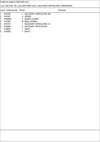 Ссылка Номер детали Кол-во Описание
PUMA 210 CASE IH TRACTOR (1/07- )
1.40.1/10A (VAR. 195 - 212) 4WD FRONT AXLE - AXLE-SHAFT ARTICULATED - BREAKDOWN
1 5191702 1 AXLE-SHAFT, ARTICULATED, RH
2 5191451 4 SPIDER,
3 87568624 2 SPIDER, U-JOINT,
4 5191452 16 RING, LOCKING,
5 5191701 1 AXLE-SHAFT, ARTICULATED, LH
6 5192664 2 AXLE-SHAFT, ARTICULATED,
7 5192663 1 SHAFT,
8 5192662 1 SHAFT,
 