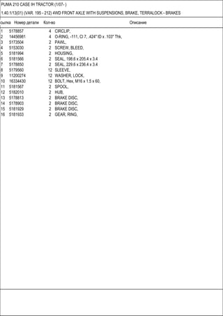 Ссылка Номер детали Кол-во Описание
PUMA 210 CASE IH TRACTOR (1/07- )
1.40.1/13(01) (VAR. 195 - 212) 4WD FRONT AXLE WITH SUSPENSIONS, BRAKE, TERRALOCK - BRAKES
1 5178857 4 CIRCLIP,
2 14456981 4 O-RING, -111, Cl 7, .424" ID x .103" Thk,
3 5173504 2 PAWL,
4 5153030 2 SCREW, BLEED,
5 5181994 2 HOUSING,
6 5181566 2 SEAL, 198.6 x 205.4 x 3.4
7 5178850 2 SEAL, 229.6 x 236.4 x 3.4
8 5179560 12 SLEEVE,
9 11200274 12 WASHER, LOCK,
10 16334430 12 BOLT, Hex, M16 x 1.5 x 60,
11 5181567 2 SPOOL,
12 5182010 2 HUB,
13 5178813 2 BRAKE DISC,
14 5178903 2 BRAKE DISC,
15 5181929 2 BRAKE DISC,
16 5181933 2 GEAR, RING,
 
