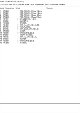 Ссылка Номер детали Кол-во Описание
PUMA 210 CASE IH TRACTOR (1/07- )
1.40.1/13(02) (VAR. 195 - 212) 4WD FRONT AXLE WITH SUSPENSIONS, BRAKE, TERRALOCK - BRAKES
1 87592837 1 TUBE, RIGID, RH, W/Equip. 192 only
1 87592861 1 TUBE, RIGID, RH, W/Equip. 212 only
2 87592824 1 TUBE, RIGID, LH, W/Equip. 192 only
2 87592869 1 TUBE, RIGID, LH, W/Equip. 212 only
3 10718111 2 NUT, LOCK, M16 x 1, Cl 04,
4 5182969 1 BRACKET, LH
5 14575380 1 RETAINER,
6 15540924 3 BOLT, Hex, M12 x 1.25 x 55, 8.8,
7 5155700 2 HOSE, FLEXIBLE,
8 5155703 2 BOLT, BANJO, M12 x 1.25 x 22
9 87356828 4 GASKET,
10 10520001 2 WASHER, M12 x 22 x 3,
11 5182997 1 COLLAR, RETAINER,
12 14274834 1 BOLT, Hex, M12 x 1.25 x 45,
13 5182950 1 BRACKET,
14 10520001 2 WASHER, M12 x 22 x 3,
15 14575380 1 RETAINER,
 