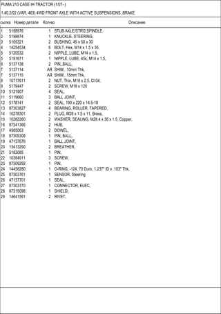 Ссылка Номер детали Кол-во Описание
PUMA 210 CASE IH TRACTOR (1/07- )
1.40.2/02 (VAR. 463) 4WD FRONT AXLE WITH ACTIVE SUSPENSIONS, BRAKE
1 5198876 1 STUB AXLE/STRG.SPINDLE,
2 5198874 1 KNUCKLE, STEERING,
3 5105321 2 BUSHING, 45 x 50 x 30
4 14254534 6 BOLT, Hex, M14 x 1.5 x 35,
5 5120532 2 NIPPLE, LUBE, M14 x 1.5,
5 5191671 1 NIPPLE, LUBE, 45є, M14 x 1.5,
6 5137138 2 PIN, BALL,
7 5137114 AR SHIM, .10mm Thk,
7 5137115 AR SHIM, .15mm Thk,
8 10717611 2 NUT, Thin, M18 x 2.5, Cl 04,
9 5179447 2 SCREW, M18 x 120
10 5121907 4 SEAL,
11 5119660 3 BALL JOINT,
12 5178141 2 SEAL, 190 x 220 x 14.5-18
13 87303827 4 BEARING, ROLLER, TAPERED,
14 10278301 2 PLUG, M28 x 1.5 x 11, Brass,
15 10282260 2 WASHER, SEALING, M28.4 x 36 x 1.5, Copper,
16 87341366 2 HUB,
17 4985063 2 DOWEL,
18 87309308 1 PIN, BALL,
19 47137676 1 BALL JOINT,
20 13413290 2 BREATHER,
21 5183085 1 PIN,
22 10384911 3 SCREW,
23 87309292 1 PIN,
24 14458280 1 O-RING, -124, 70 Duro, 1.237" ID x .103" Thk,
25 87303761 1 SENSOR, Steering
26 47137701 1 SEAL,
27 87303770 1 CONNECTOR, ELEC,
28 87315098 1 SHIELD,
29 14641591 2 RIVET,
 