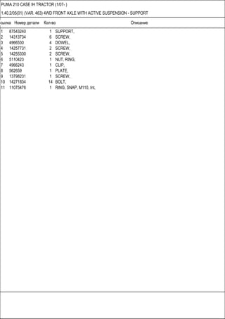 Ссылка Номер детали Кол-во Описание
PUMA 210 CASE IH TRACTOR (1/07- )
1.40.2/05(01) (VAR. 463) 4WD FRONT AXLE WITH ACTIVE SUSPENSION - SUPPORT
1 87543240 1 SUPPORT,
2 14313734 6 SCREW,
3 4966530 4 DOWEL,
4 14257731 2 SCREW,
5 14255330 2 SCREW,
6 5110423 1 NUT, RING,
7 4966243 1 CLIP,
8 562659 1 PLATE,
9 13798231 1 SCREW,
10 14271834 14 BOLT,
11 11075476 1 RING, SNAP, M110, Int,
 