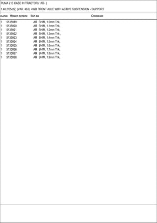 Ссылка Номер детали Кол-во Описание
PUMA 210 CASE IH TRACTOR (1/07- )
1.40.2/05(02) (VAR. 463) 4WD FRONT AXLE WITH ACTIVE SUSPENSION - SUPPORT
1 5135019 AR SHIM, 1.0mm Thk,
1 5135020 AR SHIM, 1.1mm Thk,
1 5135021 AR SHIM, 1.2mm Thk,
1 5135022 AR SHIM, 1.3mm Thk ,
1 5135023 AR SHIM, 1.4mm Thk,
1 5135024 AR SHIM, 1.5mm Thk,
1 5135025 AR SHIM, 1.6mm Thk,
1 5135026 AR SHIM, 1.7mm Thk,
1 5135027 AR SHIM, 1.8mm Thk,
1 5135028 AR SHIM, 1.9mm Thk,
 