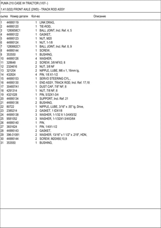 Ссылка Номер детали Кол-во Описание
PUMA 210 CASE IH TRACTOR (1/07- )
1.41.0(02) FRONT AXLE (2WD) - TRACK ROD ASSY
1 44995119 1 LINK DRAG,
2 44995120 1 TIE-ROD,
3 1280658C1 1 BALL JOINT, Incl. Ref. 4, 5
4 44995122 1 GASKET,
5 44995123 1 NUT, M20
6 44995124 1 NUT, 1-1/8
7 1280662C1 1 BALL JOINT, Incl. Ref. 8, 9
8 44995144 1 SCREW,
9 353550 1 BUSHING,
10 44995126 4 WASHER,
11 328648 2 SCREW, 3/8 NFX3; 8
12 2324616 2 NUT, 3/8 NF
13 321204 2 NIPPLE, LUBE, M6 x 1, 16mm lg,
14 432824 4 PIN, 1/8 X1-1/2
15 44995153 1 SERVO STEERING CYL.,
16 44995130 1 END ASSY, TRACK ROD, Incl. Ref. 17,18
17 304857A1 1 DUST CAP, 7/8" NF; 8
18 4291314 1 NUT, 7/8 NF; 8
19 4321028 1 PIN, 5/32X1-3/4
20 44995134 1 SUPPORT, Incl. Ref. 21
21 44995136 2 BUSHING,
22 80722 1 NIPPLE, LUBE, 3/16" x .55" lg, Drive,
23 2385214 2 GASKET, 1 IDX1/8
24 44995138 3 WASHER, 1-1/32 X 1-3/4X5/32
25 9581052 3 WASHER, 1-1/32X1-3/4X3/64
26 44995140 1 PIN,
27 3831624 1 PIN, 1/4X1-1/2
28 44995143 2 GASKET,
29 396-31081 2 WASHER, 13/16" x 1 1/2" x .219", HDN,
30 44995144 2 SCREW, M20X60;10,9
31 353550 1 BUSHING,
 