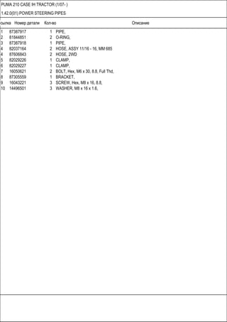 Ссылка Номер детали Кол-во Описание
PUMA 210 CASE IH TRACTOR (1/07- )
1.42.0(01) POWER STEERING PIPES
1 87387917 1 PIPE,
2 81844851 2 O-RING,
3 87387918 1 PIPE,
4 82037164 2 HOSE, ASSY 11/16 - 16, MM 685
4 87606843 2 HOSE, 2WD
5 82029226 1 CLAMP,
6 82029227 1 CLAMP,
7 16050621 2 BOLT, Hex, M6 x 30, 8.8, Full Thd,
8 87305559 1 BRACKET,
9 16043221 3 SCREW, Hex, M8 x 16, 8.8,
10 14496501 3 WASHER, M8 x 16 x 1.6,
 
