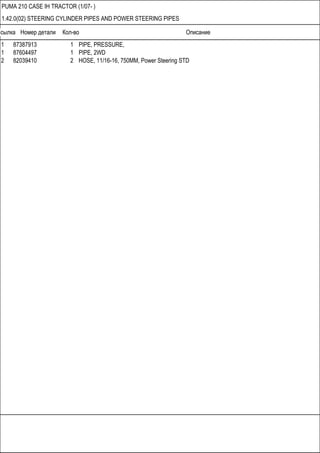 Ссылка Номер детали Кол-во Описание
PUMA 210 CASE IH TRACTOR (1/07- )
1.42.0(02) STEERING CYLINDER PIPES AND POWER STEERING PIPES
1 87387913 1 PIPE, PRESSURE,
1 87604497 1 PIPE, 2WD
2 82039410 2 HOSE, 11/16-16, 750MM, Power Steering STD
 