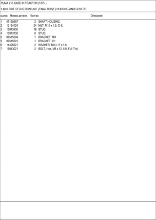 Ссылка Номер детали Кол-во Описание
PUMA 210 CASE IH TRACTOR (1/07- )
1.48.0 SIDE REDUCTION UNIT (FINAL DRIVE) HOUSING AND COVERS
1 47135687 2 SHAFT HOUSING,
2 12164124 24 NUT, M16 x 1.5, Cl 8,
3 13973430 16 STUD,
4 13973730 8 STUD,
5 87515604 1 BRACKET, RH
5 87515601 1 BRACKET, LH
6 14496521 2 WASHER, M8 x 17 x 1.6,
7 16043021 2 BOLT, Hex, M8 x 12, 8.8, Full Thd,
 