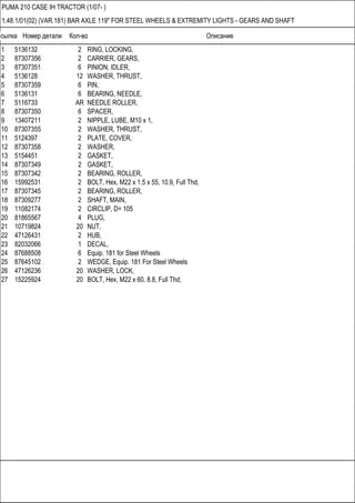Ссылка Номер детали Кол-во Описание
PUMA 210 CASE IH TRACTOR (1/07- )
1.48.1/01(02) (VAR.181) BAR AXLE 119" FOR STEEL WHEELS & EXTREMITY LIGHTS - GEARS AND SHAFT
1 5136132 2 RING, LOCKING,
2 87307356 2 CARRIER, GEARS,
3 87307351 6 PINION, IDLER,
4 5136128 12 WASHER, THRUST,
5 87307359 6 PIN,
6 5136131 6 BEARING, NEEDLE,
7 5116733 AR NEEDLE ROLLER,
8 87307350 6 SPACER,
9 13407211 2 NIPPLE, LUBE, M10 x 1,
10 87307355 2 WASHER, THRUST,
11 5124397 2 PLATE, COVER,
12 87307358 2 WASHER,
13 5154451 2 GASKET,
14 87307349 2 GASKET,
15 87307342 2 BEARING, ROLLER,
16 15992531 2 BOLT, Hex, M22 x 1.5 x 55, 10.9, Full Thd,
17 87307345 2 BEARING, ROLLER,
18 87309277 2 SHAFT, MAIN,
19 11082174 2 CIRCLIP, D= 105
20 81865567 4 PLUG,
21 10719824 20 NUT,
22 47126431 2 HUB,
23 82032066 1 DECAL,
24 87688508 6 Equip. 181 for Steel Wheels
25 87645102 2 WEDGE, Equip. 181 For Steel Wheels
26 47126236 20 WASHER, LOCK,
27 15225924 20 BOLT, Hex, M22 x 60, 8.8, Full Thd,
 