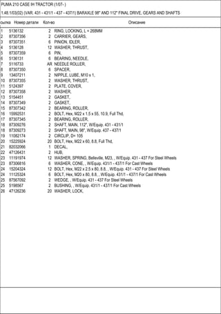 Ссылка Номер детали Кол-во Описание
PUMA 210 CASE IH TRACTOR (1/07- )
1.48.1/03(02) (VAR. 431 - 431/1 - 437 - 437/1) BARAXLE 98" AND 112" FINAL DRIVE, GEARS AND SHAFTS
1 5136132 2 RING, LOCKING, L = 268MM
2 87307356 2 CARRIER, GEARS,
3 87307351 6 PINION, IDLER,
4 5136128 12 WASHER, THRUST,
5 87307359 6 PIN,
6 5136131 6 BEARING, NEEDLE,
7 5116733 AR NEEDLE ROLLER,
8 87307350 6 SPACER,
9 13407211 2 NIPPLE, LUBE, M10 x 1,
10 87307355 2 WASHER, THRUST,
11 5124397 2 PLATE, COVER,
12 87307358 2 WASHER,
13 5154451 2 GASKET,
14 87307349 2 GASKET,
15 87307342 2 BEARING, ROLLER,
16 15992531 2 BOLT, Hex, M22 x 1.5 x 55, 10.9, Full Thd,
17 87307345 2 BEARING, ROLLER,
18 87309276 2 SHAFT, MAIN, 112", W/Equip. 431 - 431/1
18 87309273 2 SHAFT, MAIN, 98", W/Equip. 437 - 437/1
19 11082174 2 CIRCLIP, D= 105
20 15225924 20 BOLT, Hex, M22 x 60, 8.8, Full Thd,
21 82032066 1 DECAL,
22 47126431 2 HUB,
23 11191974 12 WASHER, SPRING, Belleville, M23, , W/Equip. 431 - 437 For Steel Wheels
23 87306816 6 WASHER, CONE, , W/Equip. 431/1 - 437/1 For Cast Wheels
24 15204324 12 BOLT, Hex, M22 x 2.5 x 80, 8.8, , W/Equip. 431 - 437 For Steel Wheels
24 11125324 6 BOLT, Hex, M20 x 80, 8.8, , W/Equip. 431/1 - 437/1 For Cast Wheels
25 87567092 2 WEDGE, , W/Equip. 431 - 437 For Steel Wheels
25 5198567 2 BUSHING, , W/Equip. 431/1 - 437/1 For Cast Wheels
26 47126236 20 WASHER, LOCK,
 