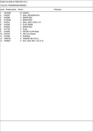 Ссылка Номер детали Кол-во Описание
PUMA 210 CASE IH TRACTOR (1/07- )
1.65.3(01) TRANSMISSION BRAKES
1 14274930 24 SCREW,
2 5195253 2 SEAL, 259,6X266,4X3,4
3 5185968 2 BRAKE DISC,
4 47126358 2 BRAKE DISC,
5 5165512 2 SEAL, 329.6 x 336.4 x 3.4
6 5152383 2 PLUG, DRAIN,
7 5185950 2 BRAKE DISC,
8 5171793 2 PLUG,
9 5195093 2 PISTON, For RH Brake
10 5195193 6 PIN, For LH Brake
11 5187998 6 BUSHING,
12 12646724 6 WASHER, M8 x 20 x 2,
13 14048221 6 NUT, LOCK, M8 x 1.25, Cl 10,
 