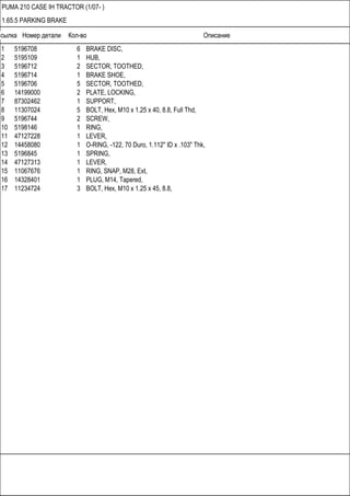 Ссылка Номер детали Кол-во Описание
PUMA 210 CASE IH TRACTOR (1/07- )
1.65.5 PARKING BRAKE
1 5196708 6 BRAKE DISC,
2 5195109 1 HUB,
3 5196712 2 SECTOR, TOOTHED,
4 5196714 1 BRAKE SHOE,
5 5196706 5 SECTOR, TOOTHED,
6 14199000 2 PLATE, LOCKING,
7 87302462 1 SUPPORT,
8 11307024 5 BOLT, Hex, M10 x 1.25 x 40, 8.8, Full Thd,
9 5196744 2 SCREW,
10 5198146 1 RING,
11 47127228 1 LEVER,
12 14458080 1 O-RING, -122, 70 Duro, 1.112" ID x .103" Thk,
13 5196845 1 SPRING,
14 47127313 1 LEVER,
15 11067676 1 RING, SNAP, M28, Ext,
16 14328401 1 PLUG, M14, Tapered,
17 11234724 3 BOLT, Hex, M10 x 1.25 x 45, 8.8,
 