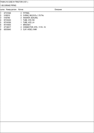 Ссылка Номер детали Кол-во Описание
PUMA 210 CASE IH TRACTOR (1/07- )
1.68.5 BRAKE PIPING
1 47131549 2 FITTING,
2 5185510 6 O-RING, M9.25 ID x 1.78 Thk
3 5183780 2 WASHER, SEALING,
4 87316333 1 TUBE, HYD, RH
5 87316336 1 TUBE, HYD, LH
6 87316405 1 BRACKET,
7 47136517 2 CONNECTOR, HYD., 11/16 - 16
8 82035645 3 CLIP, HOSE, 8 MM
 