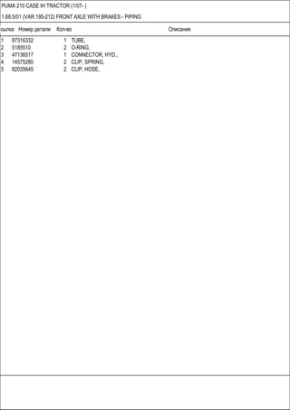 Ссылка Номер детали Кол-во Описание
PUMA 210 CASE IH TRACTOR (1/07- )
1.68.5/01 (VAR.195-212) FRONT AXLE WITH BRAKES - PIPING
1 87316332 1 TUBE,
2 5185510 2 O-RING,
3 47136517 1 CONNECTOR, HYD.,
4 14575280 2 CLIP, SPRING,
5 82035645 2 CLIP, HOSE,
 