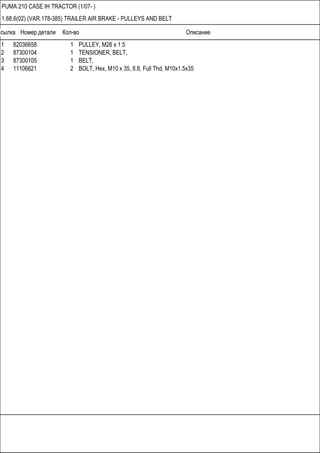 Ссылка Номер детали Кол-во Описание
PUMA 210 CASE IH TRACTOR (1/07- )
1.68.6(02) (VAR.178-385) TRAILER AIR BRAKE - PULLEYS AND BELT
1 82036658 1 PULLEY, M26 x 1.5
2 87300104 1 TENSIONER, BELT,
3 87300105 1 BELT,
4 11106621 2 BOLT, Hex, M10 x 35, 8.8, Full Thd, M10x1.5x35
 