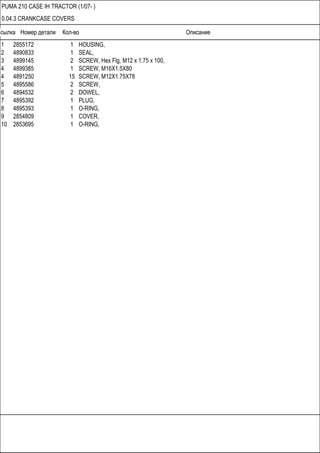 Ссылка Номер детали Кол-во Описание
PUMA 210 CASE IH TRACTOR (1/07- )
0.04.3 CRANKCASE COVERS
1 2855172 1 HOUSING,
2 4890833 1 SEAL,
3 4899145 2 SCREW, Hex Flg, M12 x 1.75 x 100,
4 4899385 1 SCREW, M16X1.5X80
4 4891250 15 SCREW, M12X1.75X78
5 4895586 2 SCREW,
6 4894532 2 DOWEL,
7 4895392 1 PLUG,
8 4895393 1 O-RING,
9 2854809 1 COVER,
10 2853695 1 O-RING,
 