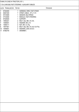 Ссылка Номер детали Кол-во Описание
PUMA 210 CASE IH TRACTOR (1/07- )
1.75.4 (VAR.636) FAST STEERING - AUXILIARY CABLES
1 87343405 1 HARNESS, WIRE, FAST STEER
2 82001040 7 STRAP, CABLE, .19" x 11.5",
3 87314609 1 SENSOR, MULTIPROX
4 47124284 1 MODULE, FAST STEERING
5 87325630 1 SUPPORT,
6 10902221 2 BOLT, Hex, M6 x 16, 8.8,
7 14496301 2 WASHER, M5 x 10
8 14084111 2 NUT, M5 x .8, Flg,
9 10977821 2 BOLT, Hex, M5 x 16, 8.8, Full Thd,
10 14496401 2 WASHER, LOCK, 6x12.5
11 81862745 1 GROMMET,
 