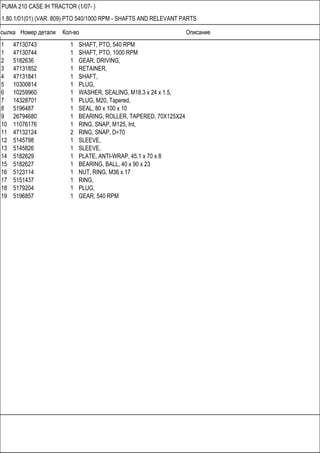 Ссылка Номер детали Кол-во Описание
PUMA 210 CASE IH TRACTOR (1/07- )
1.80.1/01(01) (VAR. 809) PTO 540/1000 RPM - SHAFTS AND RELEVANT PARTS
1 47130743 1 SHAFT, PTO, 540 RPM
1 47130744 1 SHAFT, PTO, 1000 RPM
2 5182636 1 GEAR, DRIVING,
3 47131852 1 RETAINER,
4 47131841 1 SHAFT,
5 10300814 1 PLUG,
6 10259960 1 WASHER, SEALING, M18.3 x 24 x 1.5,
7 14328701 1 PLUG, M20, Tapered,
8 5196487 1 SEAL, 80 x 100 x 10
9 26794680 1 BEARING, ROLLER, TAPERED, 70X125X24
10 11076176 1 RING, SNAP, M125, Int,
11 47132124 2 RING, SNAP, D=70
12 5145798 1 SLEEVE,
13 5145826 1 SLEEVE,
14 5182629 1 PLATE, ANTI-WRAP, 45.1 x 70 x 8
15 5182627 1 BEARING, BALL, 40 x 90 x 23
16 5123114 1 NUT, RING, M36 x 17
17 5151437 1 RING,
18 5179204 1 PLUG,
19 5196857 1 GEAR, 540 RPM
 