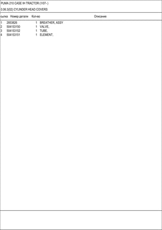 Ссылка Номер детали Кол-во Описание
PUMA 210 CASE IH TRACTOR (1/07- )
0.06.3(02) CYLINDER HEAD COVERS
1 2853826 1 BREATHER, ASSY
2 504153150 1 VALVE,
3 504153152 1 TUBE,
4 504153151 1 ELEMENT,
 