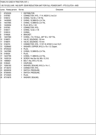 Ссылка Номер детали Кол-во Описание
PUMA 210 CASE IH TRACTOR (1/07- )
1.80.7/01(02) (VAR. 146) SUPP. GEAR REDUCTION UNIT FOR FULL POWER SHIFT - PTO CLUTCH - 4WD
1 87525228 1 DISTRIBUTOR,
2 5187063 1 CONNECTOR, HYD., 1"-14, M22X1,5, Incl.3,4
3 5185512 3 O-RING, 15,6 ID x 1,78 Thk
4 14438085 2 O-RING, 19.3MM ID x 2.4 Thk,
4 14437885 1 O-RING, 13.3MM ID x 2.4 Thk,
5 14326004 5 PLUG, M10 x 1.25
6 5187063 1 CONNECTOR, HYD.,
7 5185511 1 O-RING, 12.42 x 1.78
7 5185510 1 O-RING,
8 5194826 4 BRACKET,
9 14457080 7 O-RING, -112, 70 Duro, .487" ID x .103" Thk,
10 5196873 1 VALVE, SOLENOID, 132 mm
11 5196874 3 VALVE, SOLENOID, 114 mm
12 5192374 1 CONNECTOR, HYD., 11/16"-16, M16X1,5, Incl.15,21
13 10298460 1 WASHER, COPPER, M12.2 x 18 x 1.5, Copper,
14 87535222 4 PLUG,
15 14437885 2 O-RING, 13.3MM ID x 2.4 Thk,
16 5185424 1 PLUG,
17 14437785 1 O-RING, 11.3MM ID x 2.4 Thk,
18 14305124 8 SCREW, Hex Soc Hd, M6 x 12, 8.8,
19 15888821 4 BOLT, Hex, M10 x 70, 8.8,
20 5185423 1 COUPLING,
21 10260160 1 WASHER, SEALING, M10.2 x 14 x 1,
22 47136372 1 CONNECTOR, HYD.,
23 82008236 1 SWITCH, PRESSURE,
24 87395493 1 SWITCH, PRESSURE,
25 47123020 1 PLUG,
26 87316678 1 WASHER, SEALING,
 