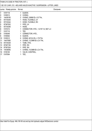 Ссылка Номер детали Кол-во Описание
Also Valid For Equip. 484, RH lift rod and top link hydraulic adjust W/Electronic control
PUMA 210 CASE IH TRACTOR (1/07- )
1.82.1/01 (VAR. 212 - 463) 4WD AXLES W/ACTIVE SUSPENSION - LIFTER, LINES
1 5197118 1 ELBOW,
2 5185513 2 O-RING,
3 14438185 2 O-RING, 24MM ID x 3.0 Thk,
4 87316345 1 HOSE, FLEXIBLE, LH
4 87316344 1 HOSE, FLEXIBLE, RH
5 87367202 1 PIPE, LH
5 87316346 1 HOSE,
6 5197215 1 CONNECTOR, HYD., 1-3/16"-12, M27 x 2
7 5197110 1 TEE,
8 5185048 1 CONNECTOR, HYD.,
9 5185562 4 ELBOW,
10 5185512 6 O-RING, M15.6 ID x 1.78 Thk
11 14437985 4 O-RING, 15.3MM ID x 2.4 Thk,
12 87316329 1 TUBE, HYD,
13 87367195 1 PIPE, RH
14 87367204 1 PIPE, RH
15 14438085 1 O-RING, 19.3MM ID x 2.4 Thk,
16 5195165 1 VALVE, CONTROL,
17 5187064 1 TEE,
 