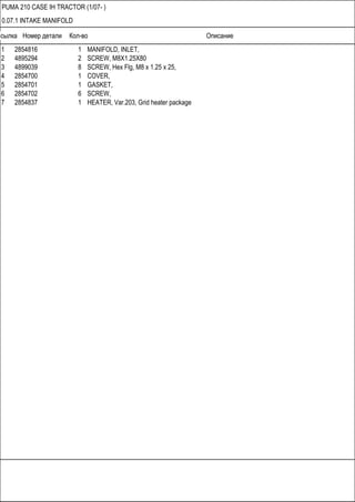 Ссылка Номер детали Кол-во Описание
PUMA 210 CASE IH TRACTOR (1/07- )
0.07.1 INTAKE MANIFOLD
1 2854816 1 MANIFOLD, INLET,
2 4895294 2 SCREW, M8X1.25X80
3 4899039 8 SCREW, Hex Flg, M8 x 1.25 x 25,
4 2854700 1 COVER,
5 2854701 1 GASKET,
6 2854702 6 SCREW,
7 2854837 1 HEATER, Var.203, Grid heater package
 