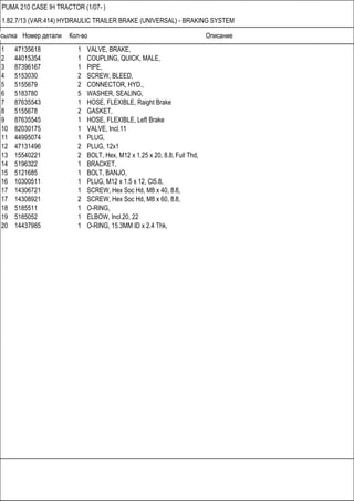 Ссылка Номер детали Кол-во Описание
PUMA 210 CASE IH TRACTOR (1/07- )
1.82.7/13 (VAR.414) HYDRAULIC TRAILER BRAKE (UNIVERSAL) - BRAKING SYSTEM
1 47135618 1 VALVE, BRAKE,
2 44015354 1 COUPLING, QUICK, MALE,
3 87396167 1 PIPE,
4 5153030 2 SCREW, BLEED,
5 5155679 2 CONNECTOR, HYD.,
6 5183780 5 WASHER, SEALING,
7 87635543 1 HOSE, FLEXIBLE, Raight Brake
8 5155678 2 GASKET,
9 87635545 1 HOSE, FLEXIBLE, Left Brake
10 82030175 1 VALVE, Incl.11
11 44995074 1 PLUG,
12 47131496 2 PLUG, 12x1
13 15540221 2 BOLT, Hex, M12 x 1.25 x 20, 8.8, Full Thd,
14 5196322 1 BRACKET,
15 5121685 1 BOLT, BANJO,
16 10300511 1 PLUG, M12 x 1.5 x 12, Cl5.8,
17 14306721 1 SCREW, Hex Soc Hd, M8 x 40, 8.8,
17 14308921 2 SCREW, Hex Soc Hd, M8 x 60, 8.8,
18 5185511 1 O-RING,
19 5185052 1 ELBOW, Incl.20, 22
20 14437985 1 O-RING, 15.3MM ID x 2.4 Thk,
 
