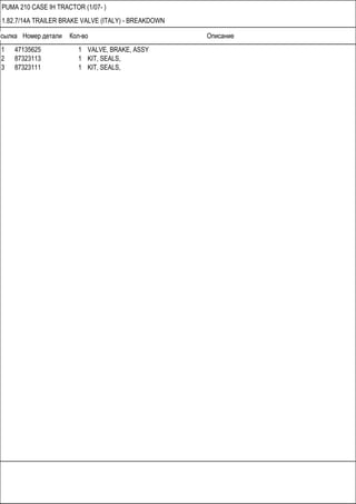 Ссылка Номер детали Кол-во Описание
PUMA 210 CASE IH TRACTOR (1/07- )
1.82.7/14A TRAILER BRAKE VALVE (ITALY) - BREAKDOWN
1 47135625 1 VALVE, BRAKE, ASSY
2 87323113 1 KIT, SEALS,
3 87323111 1 KIT, SEALS,
 
