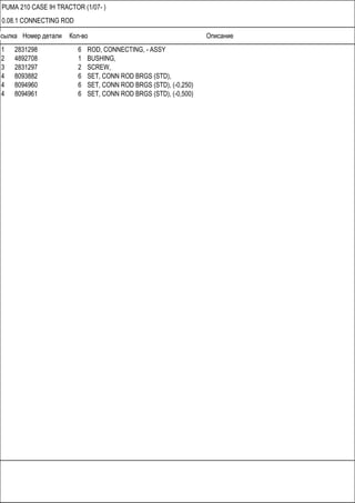 Ссылка Номер детали Кол-во Описание
PUMA 210 CASE IH TRACTOR (1/07- )
0.08.1 CONNECTING ROD
1 2831298 6 ROD, CONNECTING, - ASSY
2 4892708 1 BUSHING,
3 2831297 2 SCREW,
4 8093882 6 SET, CONN ROD BRGS (STD),
4 8094960 6 SET, CONN ROD BRGS (STD), (-0,250)
4 8094961 6 SET, CONN ROD BRGS (STD), (-0,500)
 