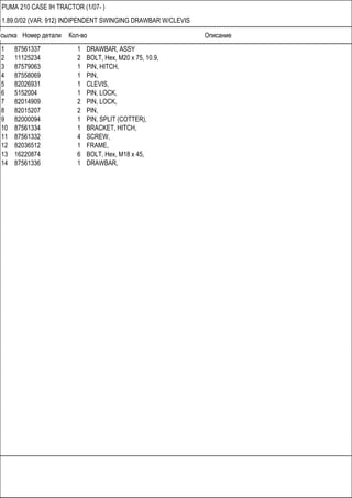 Ссылка Номер детали Кол-во Описание
PUMA 210 CASE IH TRACTOR (1/07- )
1.89.0/02 (VAR. 912) INDIPENDENT SWINGING DRAWBAR W/CLEVIS
1 87561337 1 DRAWBAR, ASSY
2 11125234 2 BOLT, Hex, M20 x 75, 10.9,
3 87579063 1 PIN, HITCH,
4 87558069 1 PIN,
5 82026931 1 CLEVIS,
6 5152004 1 PIN, LOCK,
7 82014909 2 PIN, LOCK,
8 82015207 2 PIN,
9 82000094 1 PIN, SPLIT (COTTER),
10 87561334 1 BRACKET, HITCH,
11 87561332 4 SCREW,
12 82036512 1 FRAME,
13 16220874 6 BOLT, Hex, M18 x 45,
14 87561336 1 DRAWBAR,
 