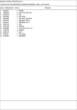 Ссылка Номер детали Кол-во Описание
PUMA 210 CASE IH TRACTOR (1/07- )
1.89.0/04 (VAR. 839) INDIPENDENT SWINGING DRAWBAR - NASO - WITH CLEVIS
1 82032371 1 FRAME,
2 16220874 6 BOLT, Hex, M18 x 45,
3 82032378 2 PIN,
4 82014909 2 PIN, LOCK,
5 82000094 1 PIN, SPLIT (COTTER),
6 87561340 1 BRACKET, HITCH,
7 87561441 1 DRAWBAR, Incl. 11
8 87561338 1 PIN,
9 87561332 4 SCREW,
10 82033860 1 PIN, HITCH, Incl.12, 13
11 14432774 2 SCREW,
12 44901192 1 CLIP,
13 5152004 1 PIN, LOCK,
14 87306344 1 DRAWBAR,
 