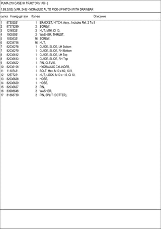 Ссылка Номер детали Кол-во Описание
PUMA 210 CASE IH TRACTOR (1/07- )
1.89.3(02) (VAR. 248) HYDRAULIC AUTO PICK-UP HITCH WITH DRAWBAR
1 87352521 1 BRACKET, HITCH, Assy., Includes Ref. 2 To 8
2 87379299 2 SCREW,
3 12163321 2 NUT, M16, Cl 10,
4 10053921 2 WASHER, THRUST,
5 10356321 16 SCREW,
6 82038798 16 NUT,
7 82036278 1 GUIDE, SLIDE, LH Bottom
7 82036279 1 GUIDE, SLIDE, RH Bottom
8 82036612 1 GUIDE, SLIDE, LH Top
8 82036613 1 GUIDE, SLIDE, RH Top
9 82036622 1 PIN, CLEVIS,
10 82036196 1 HYDRAULIC CYLINDER,
11 11107431 1 BOLT, Hex, M10 x 60, 10.9,
12 12577221 1 NUT, LOCK, M10 x 1.5, Cl 10,
13 82036628 1 HOSE,
14 82036629 1 HOSE,
15 82036627 2 PIN,
16 83908648 2 WASHER,
17 81868739 2 PIN, SPLIT (COTTER),
 