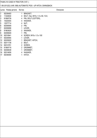 Ссылка Номер детали Кол-во Описание
PUMA 210 CASE IH TRACTOR (1/07- )
1.89.3/01(02) (VAR. 898) AUTOMATIC PICK - UP HITCH, SWINGBACK
1 82036493 1 BRACKET,
2 11244634 4 BOLT, Hex, M18 x 1.5 x 60, 10.9,
3 81868739 4 PIN, SPLIT (COTTER),
4 10520404 4 WASHER,
5 12577714 4 NUT,
6 82006909 2 PIN,
7 82006898 1 LEVER,
8 81863620 2 WASHER,
9 82006849 1 PIN,
10 82018941 4 SCREW, M18 x 1.5 x 100
11 82028084 1 LEVER,
12 82029000 1 BRACKET, HITCH,
13 82011738 2 BOLT,
14 82014761 2 SCREW,
15 81869718 2 GROMMET,
15 82006638 1 GROMMET,
16 82014658 4 WASHER,
17 82036494 1 HITCH,
 