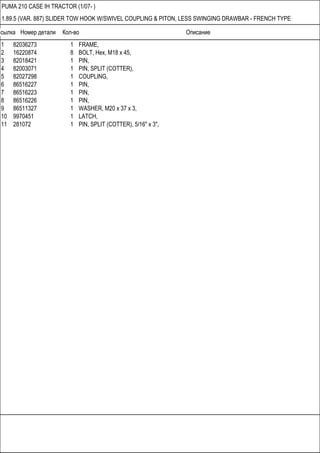 Ссылка Номер детали Кол-во Описание
PUMA 210 CASE IH TRACTOR (1/07- )
1.89.5 (VAR. 887) SLIDER TOW HOOK W/SWIVEL COUPLING & PITON, LESS SWINGING DRAWBAR - FRENCH TYPE
1 82036273 1 FRAME,
2 16220874 8 BOLT, Hex, M18 x 45,
3 82018421 1 PIN,
4 82003071 1 PIN, SPLIT (COTTER),
5 82027298 1 COUPLING,
6 86516227 1 PIN,
7 86516223 1 PIN,
8 86516226 1 PIN,
9 86511327 1 WASHER, M20 x 37 x 3,
10 9970451 1 LATCH,
11 281072 1 PIN, SPLIT (COTTER), 5/16" x 3",
 