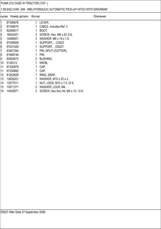 Ссылка Номер детали Кол-во Описание
D5527 After Date 27 September 2006
PUMA 210 CASE IH TRACTOR (1/07- )
1.89.5/02 (VAR. 248 - 898) HYDRAULIC AUTOMATIC PICK-UP HITCH WITH DRAWBAR
1 87306876 1 LEVER,
2 87308075 1 CABLE, Includes Ref. 3
3 82006917 1 BOOT,
4 16043421 3 SCREW, Hex, M8 x 20, 8.8,
5 14496501 3 WASHER, M8 x 16 x 1.6,
6 87306928 1 SUPPORT, , -C5527
6 87531029 1 SUPPORT, , D5527-
7 83957394 1 PIN, SPLIT (COTTER),
8 81868749 1 PIN,
9 83904673 2 BUSHING,
10 5126312 1 KNOB,
11 87330878 1 CAP,
11 87330882 1 CAP,
12 81822628 1 RING, SNAP,
13 12626201 1 WASHER, M10 x 25 x 3,
14 12577211 1 NUT, LOCK, M10 x 1.5, Cl 8,
15 10571371 2 WASHER, LOCK, M4,
16 14302971 2 SCREW, Hex Soc Hd, M4 x 10, 12.9,
 
