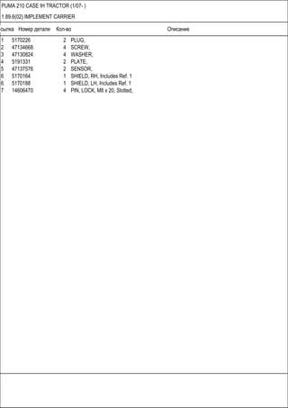 Ссылка Номер детали Кол-во Описание
PUMA 210 CASE IH TRACTOR (1/07- )
1.89.6(02) IMPLEMENT CARRIER
1 5170226 2 PLUG,
2 47134668 4 SCREW,
3 47130824 4 WASHER,
4 5191331 2 PLATE,
5 47137576 2 SENSOR,
6 5170164 1 SHIELD, RH, Includes Ref. 1
6 5170188 1 SHIELD, LH, Includes Ref. 1
7 14606470 4 PIN, LOCK, M8 x 20, Slotted,
 