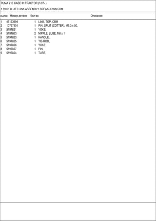 Ссылка Номер детали Кол-во Описание
PUMA 210 CASE IH TRACTOR (1/07- )
1.89.6/ D LIFT LINK ASSEMBLY BREAKDOWN CBM
1 47133994 1 LINK, TOP, CBM
2 10797801 1 PIN, SPLIT (COTTER), M6.3 x 50,
3 5197821 1 YOKE,
4 5197863 2 NIPPLE, LUBE, M6 x 1
5 5197823 1 HANDLE,
6 5197825 1 TIE-ROD,
7 5197826 1 YOKE,
8 5197827 1 PIN,
9 5197824 1 TUBE,
 