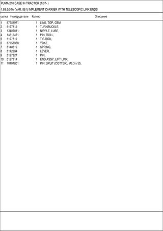 Ссылка Номер детали Кол-во Описание
PUMA 210 CASE IH TRACTOR (1/07- )
1.89.6/01A (VAR. 881) IMPLEMENT CARRIER WITH TELESCOPIC LINK ENDS
1 87358971 1 LINK, TOP, CBM
2 5197813 1 TURNBUCKLE,
3 13407811 1 NIPPLE, LUBE,
4 14613471 1 PIN, ROLL,
5 5197812 1 TIE-ROD,
6 87358968 1 YOKE,
7 5140619 1 SPRING,
8 5172394 1 LEVER,
9 5197827 1 PIN,
10 5197814 1 END ASSY, LIFT LINK,
11 10797801 1 PIN, SPLIT (COTTER), M6.3 x 50,
 