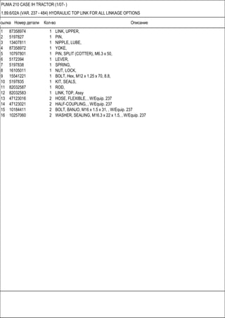 Ссылка Номер детали Кол-во Описание
PUMA 210 CASE IH TRACTOR (1/07- )
1.89.6/02A (VAR. 237 - 484) HYDRAULIC TOP LINK FOR ALL LINKAGE OPTIONS
1 87358974 1 LINK, UPPER,
2 5197827 1 PIN,
3 13407811 1 NIPPLE, LUBE,
4 87358972 1 YOKE,
5 10797801 1 PIN, SPLIT (COTTER), M6.3 x 50,
6 5172394 1 LEVER,
7 5197838 1 SPRING,
8 16105011 1 NUT, LOCK,
9 15541221 1 BOLT, Hex, M12 x 1.25 x 70, 8.8,
10 5197835 1 KIT, SEALS,
11 82032587 1 ROD,
12 82032583 1 LINK, TOP, Assy
13 47123016 2 HOSE, FLEXIBLE, , W/Equip. 237
14 47123021 2 HALF-COUPLING, , W/Equip. 237
15 10184411 2 BOLT, BANJO, M16 x 1.5 x 31, , W/Equip. 237
16 10257060 2 WASHER, SEALING, M16.3 x 22 x 1.5, , W/Equip. 237
 