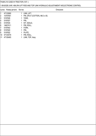 Ссылка Номер детали Кол-во Описание
PUMA 210 CASE IH TRACTOR (1/07- )
1.89.6/02B (VAR. 484) RH LIFT ROD AND TOP LINK HYDRAULIC ADJUSTAMENT W/ELECTRONIC CONTROL
1 47133995 1 LINK, LIFT,
2 10797801 1 PIN, SPLIT (COTTER), M6.3 x 50,
3 5197826 1 YOKE,
4 5197827 1 PIN,
5 5197835 1 KIT, SEALS,
6 14607411 1 PIN, ROLL,
7 5197842 1 FORK,
8 5197820 1 PIN,
9 5197822 1 PLATE,
10 47125579 1 PIN, ROLL,
11 47126465 1 LINK, TOP, Assy
 