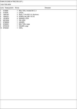 Ссылка Номер детали Кол-во Описание
PUMA 210 CASE IH TRACTOR (1/07- )
1.90.5 TOOL BOX
1 5135060 1 BOX, TOOL, Includes Ref. 2, 3
2 5135576 1 LATCH,
3 14641391 3 RIVET, Tr Hd, M3.2 x 8, Aluminum,
4 16043221 4 SCREW, Hex, M8 x 16, 8.8,
5 10516679 4 WASHER, LOCK,
6 82013836 1 PIN, LOCK,
7 87386556 1 HOLDER,
8 87400261 1 BOX, TOOL, Large
9 87576155 1 HOLDER, Large
10 87450361 1 VINYL,
 