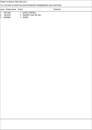 Ссылка Номер детали Кол-во Описание
PUMA 210 CASE IH TRACTOR (1/07- )
1.91.1/03 (VAR.127) SHUTTLE LEVER OPERATED TRANSMISSION LOCK, SWITCHES
1 87311360 1 LEVER, CONTROL,
2 10615279 3 WASHER, LOCK, M4, Serr,
3 83949904 3 SCREW,
 