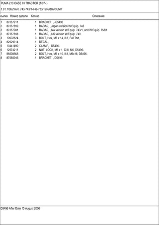 Ссылка Номер детали Кол-во Описание
D5496 After Date 15 August 2006
PUMA 210 CASE IH TRACTOR (1/07- )
1.91.1/06 (VAR. 743-743/1-749-753/1) RADAR UNIT
1 87367911 1 BRACKET, , -C5496
2 87367899 1 RADAR, , Japan version W/Equip. 743
2 87367901 1 RADAR, , NA version W/Equip. 743/1, and W/Equip. 753/1
2 87367898 1 RADAR, , UK version W/Equip. 749
3 10902124 3 BOLT, Hex, M6 x 14, 8.8, Full Thd,
4 82029314 1 DECAL,
5 10441490 2 CLAMP, , D5496-
6 12574211 2 NUT, LOCK, M6 x 1, Cl 8, M6, D5496-
7 86508568 2 BOLT, Hex, M6 x 16, 8.8, M6x16, D5496-
8 87565946 1 BRACKET, , D5496-
 