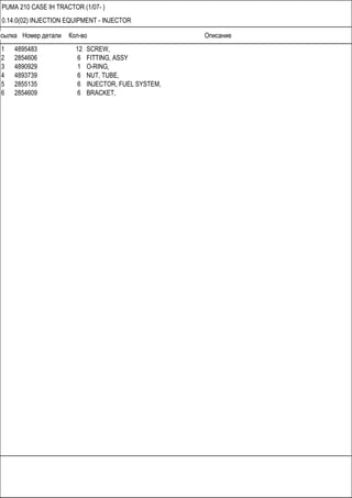 Ссылка Номер детали Кол-во Описание
PUMA 210 CASE IH TRACTOR (1/07- )
0.14.0(02) INJECTION EQUIPMENT - INJECTOR
1 4895483 12 SCREW,
2 2854606 6 FITTING, ASSY
3 4890929 1 O-RING,
4 4893739 6 NUT, TUBE,
5 2855135 6 INJECTOR, FUEL SYSTEM,
6 2854609 6 BRACKET,
 