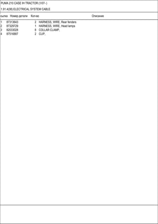 Ссылка Номер детали Кол-во Описание
PUMA 210 CASE IH TRACTOR (1/07- )
1.91.4(08) ELECTRICAL SYSTEM CABLE
1 87313643 2 HARNESS, WIRE, Rear fenders
2 87329729 1 HARNESS, WIRE, Head lamps
3 82033028 8 COLLAR CLAMP,
4 87516887 2 CLIP,
 