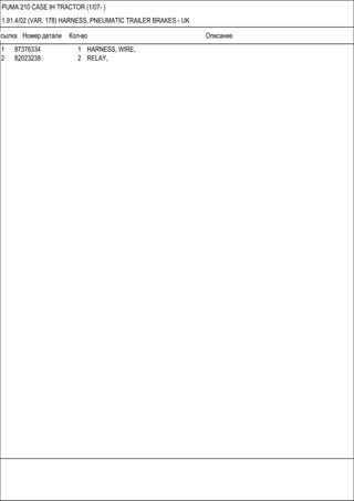 Ссылка Номер детали Кол-во Описание
PUMA 210 CASE IH TRACTOR (1/07- )
1.91.4/02 (VAR. 178) HARNESS, PNEUMATIC TRAILER BRAKES - UK
1 87376334 1 HARNESS, WIRE,
2 82023238 2 RELAY,
 